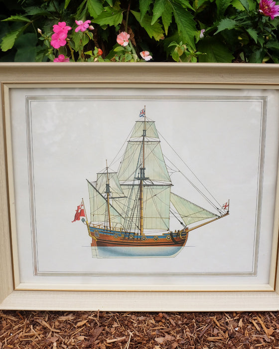 Ship Print in Bleached Wood Frame