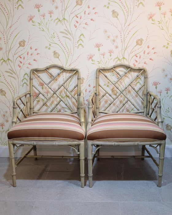Distressed Pair of Faux Bamboo Captains Chairs
