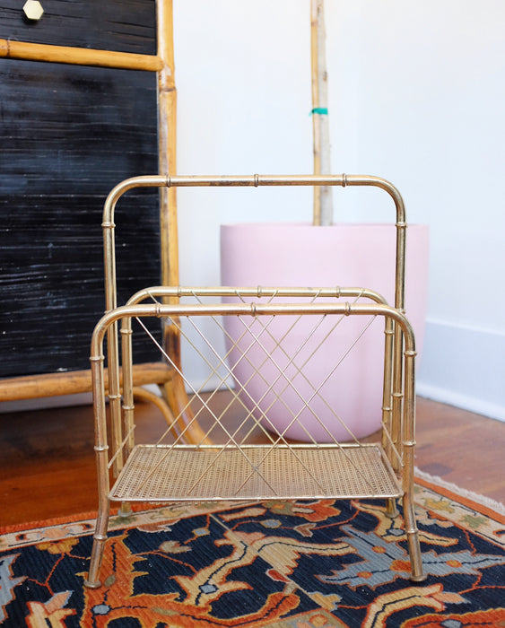 Brass Faux Bamboo and Cane Magazine Rack