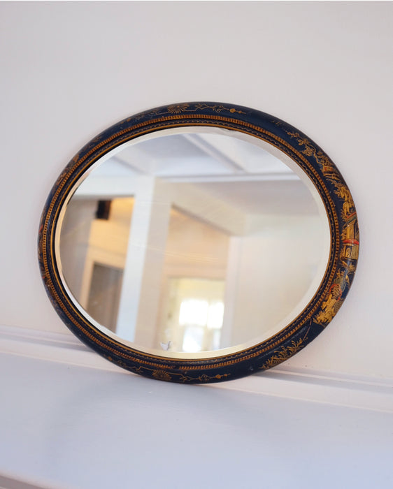 Navy Blue Oval Chinoiserie Mirror