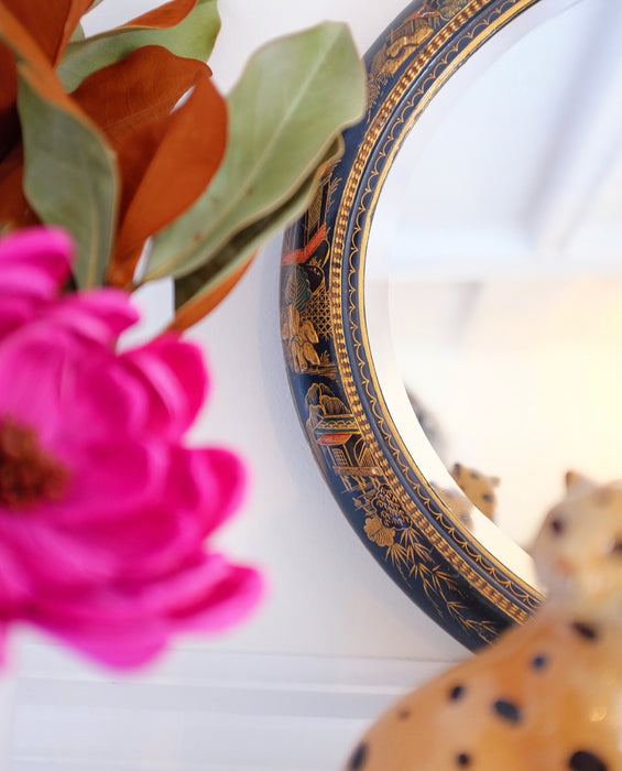 Navy Blue Oval Chinoiserie Mirror