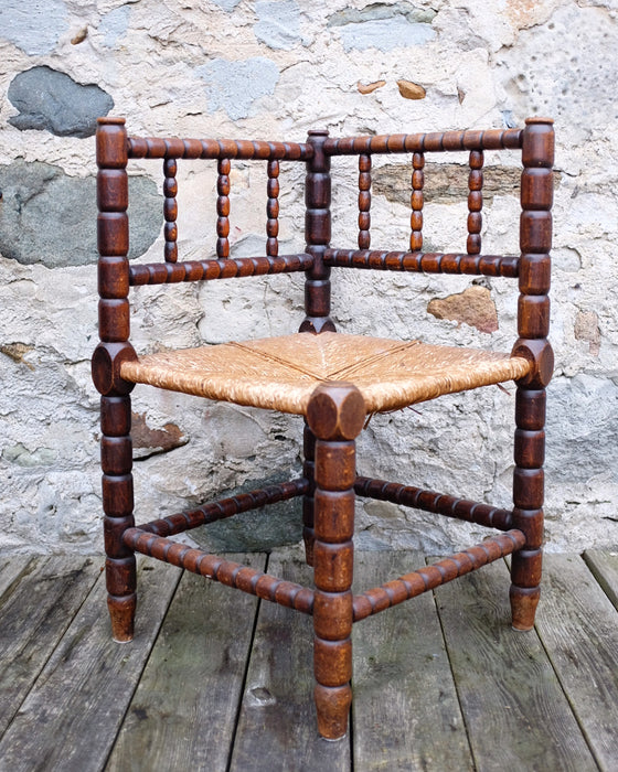 Antique French Bobbin Corner Chair with Rush Seat
