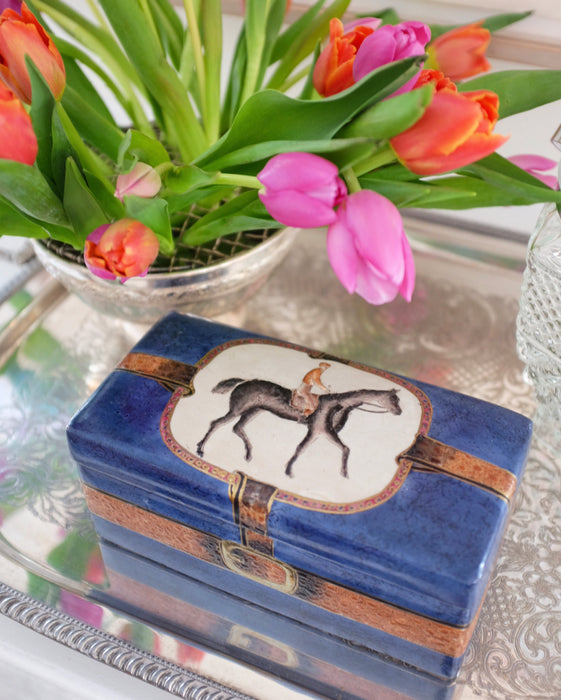 Navy Blue and Brown Ceramic Box with Equestrain