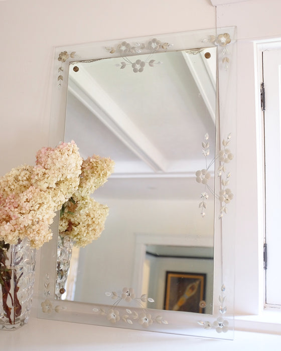 Large Venetian Glass Mirror with Etched Flowers