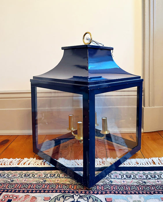 Navy Blue and Aged Brass Large Lantern