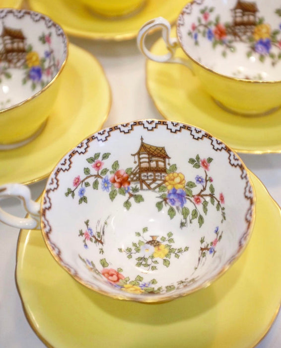 Yellow Aynsely England Pagoda Pattern Tea Cups & Saucers