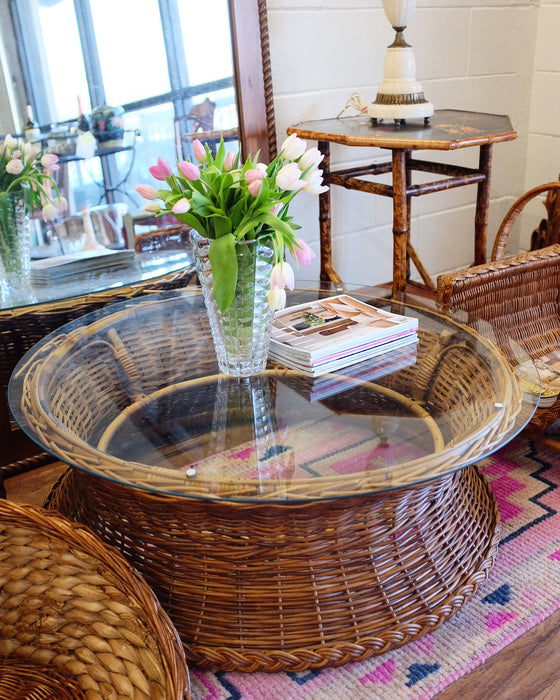 Round Glass Top Wicker Coffee Table